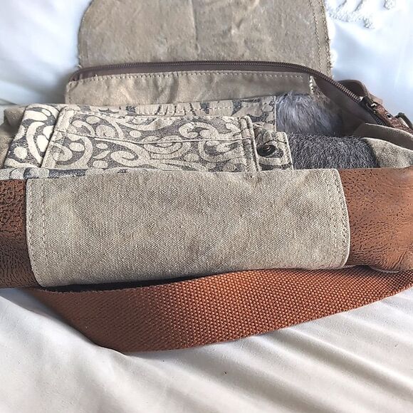 Myra Calf Hair/Canvas Distressed Crossbody Messenger Bag - Picture 14 of 16